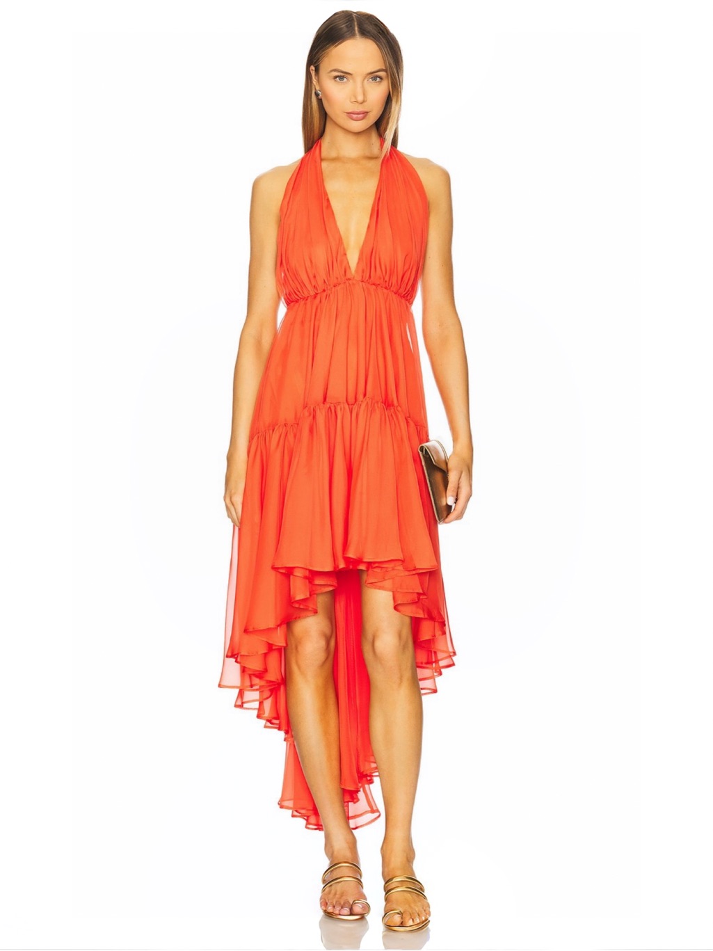 Bardot Leona High Low Ruffle Dress Fire Red Sz L Msrp $179 Revolve New